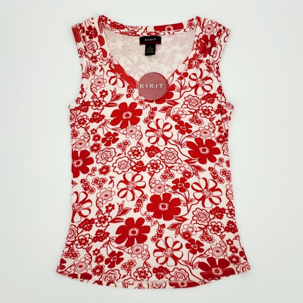 NWT Kikit Women’s Small Red White Floral cottagecore Sleeveless Tank Top Cotton